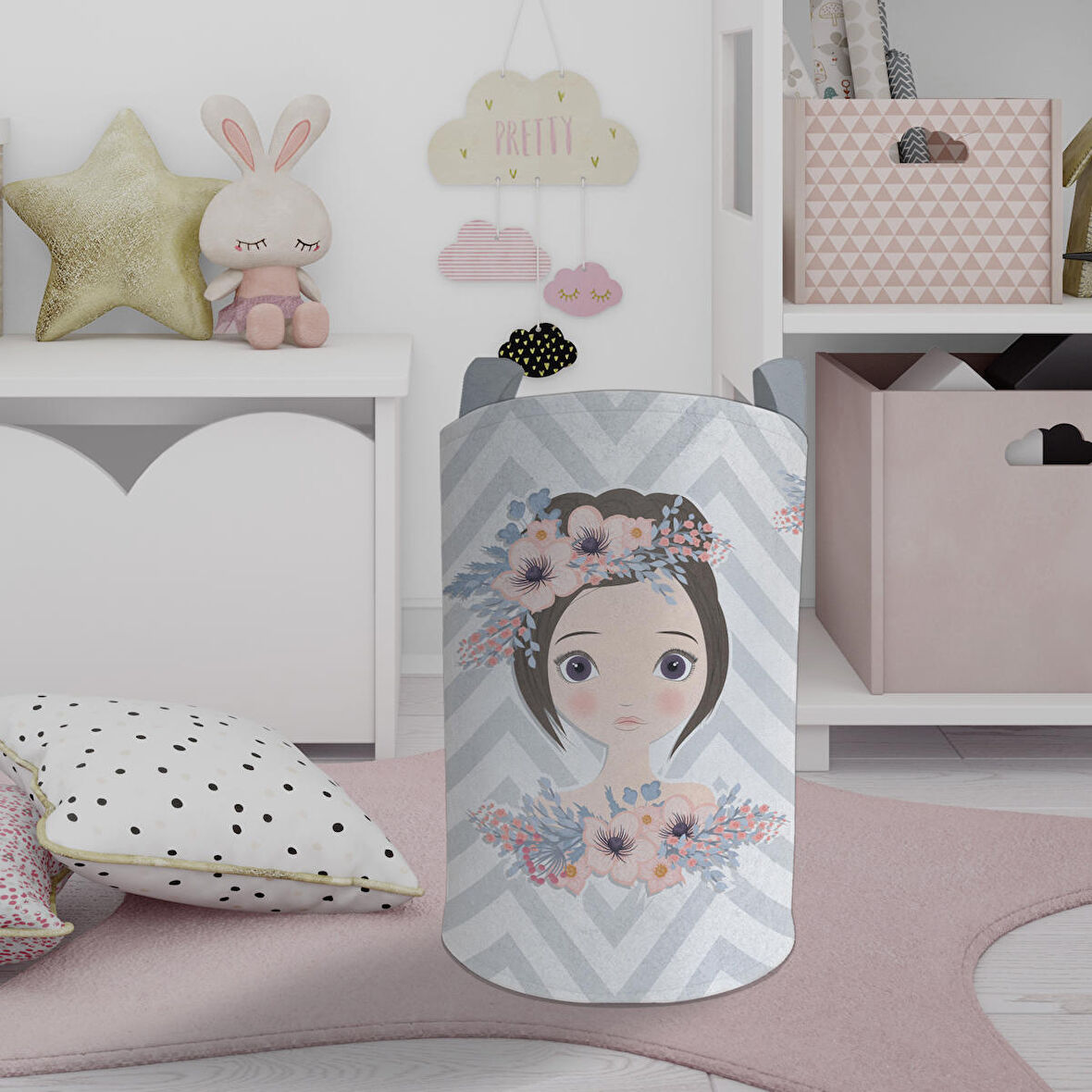 MEKTA HOME BEBEK VE ÇOCUK ODASI Çiçekli Prenses Kız Desenli Zikzaklı Oyuncak Sepeti