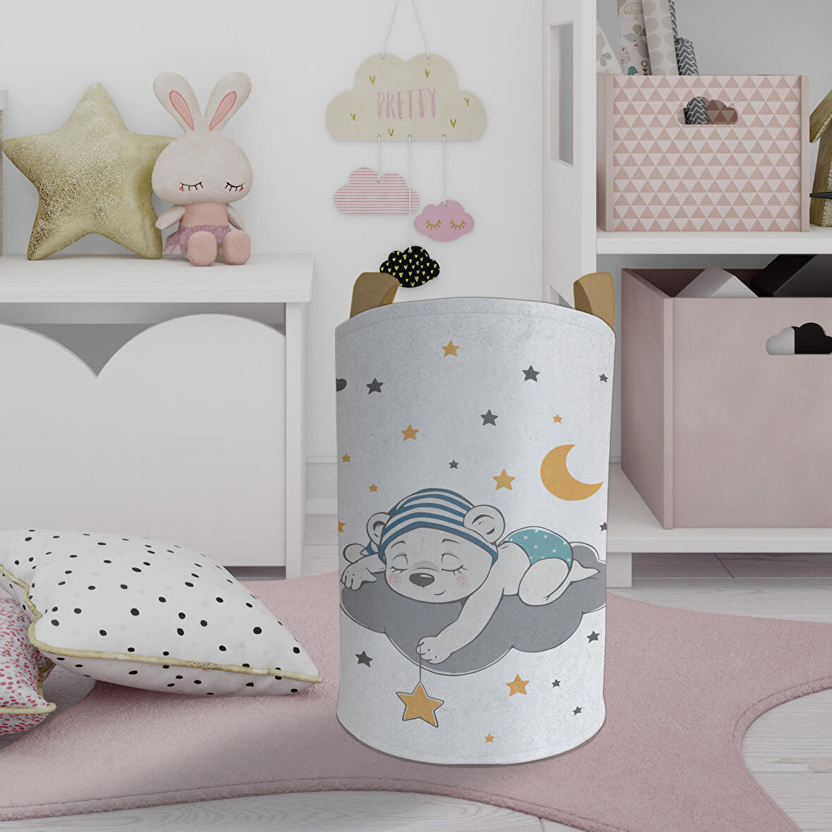 MEKTA HOME BEBEK VE ÇOCUK ODASI Sevimli Mavi Uyuyan Ayı Desenli Oyuncak Sepeti