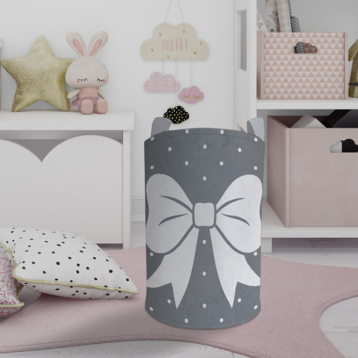 MEKTA HOME BEBEK VE ÇOCUK ODASI  Kurdele Desenli Gri Oyuncak Sepeti