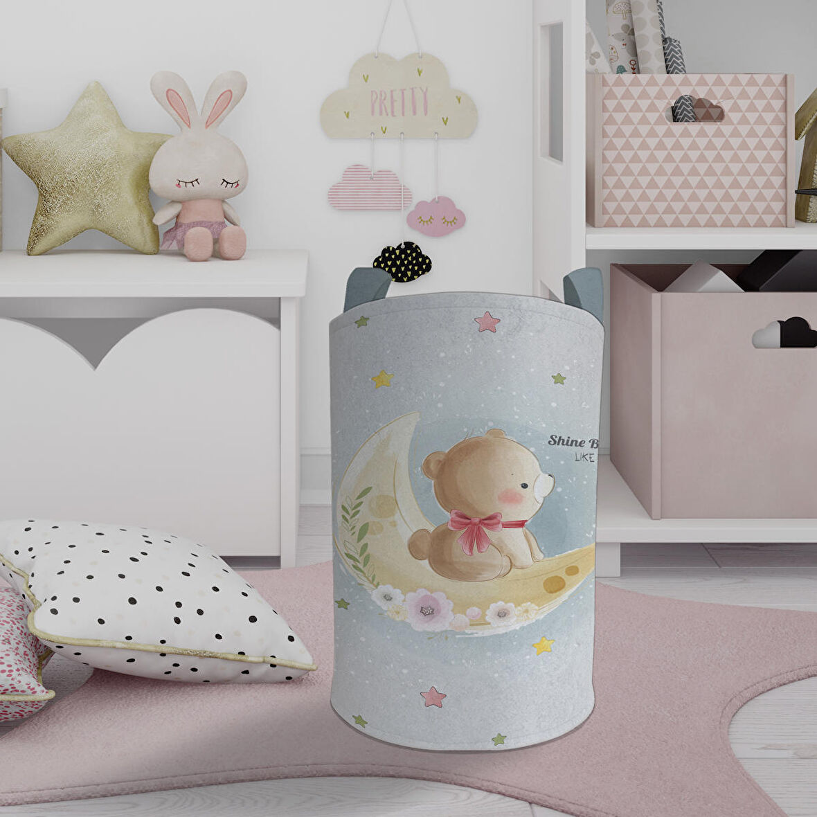 MEKTA HOME BEBEK VE ÇOCUK ODASI Ay ve Ayı Desenli Oyuncak Sepeti