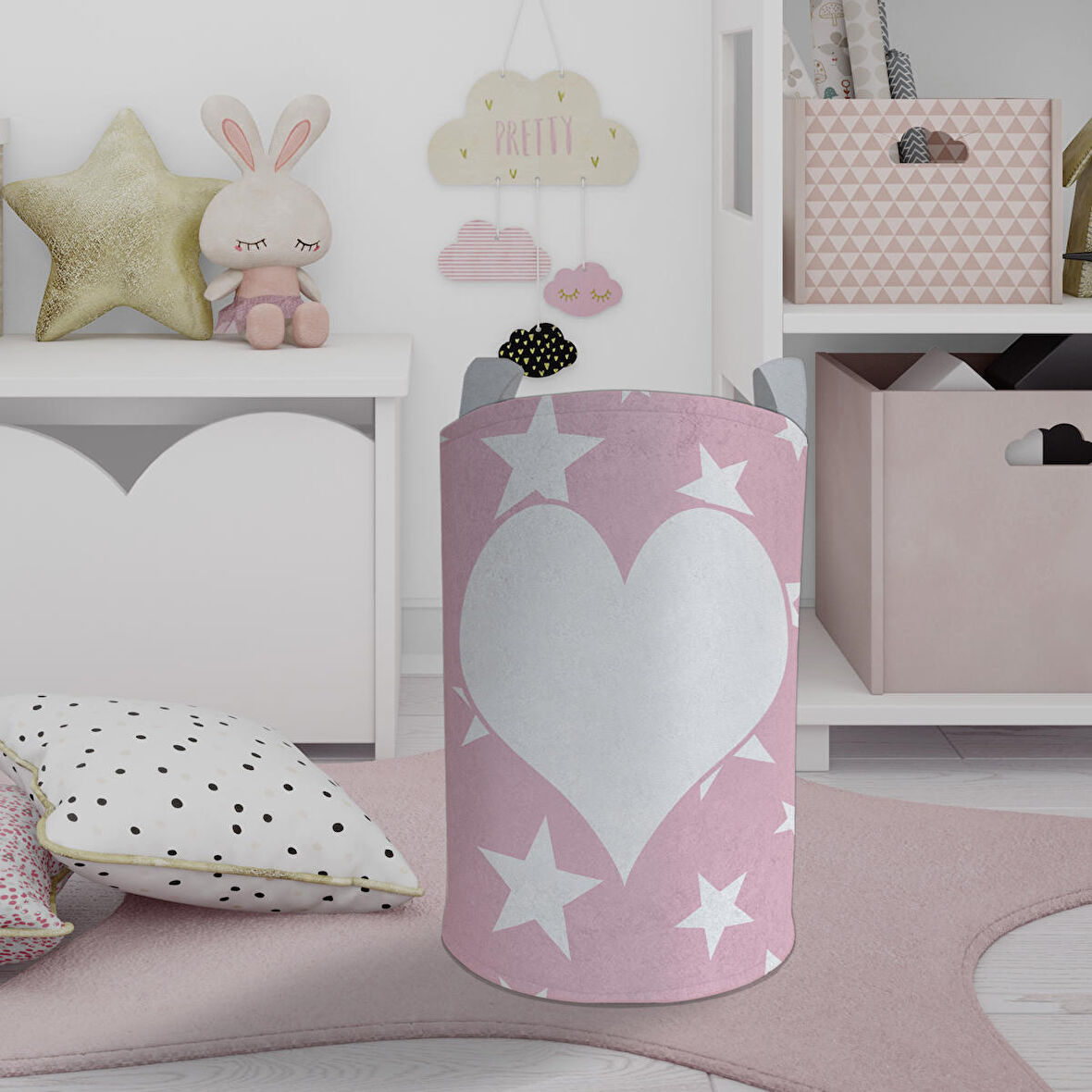 MEKTA HOME BEBEK VE ÇOCUK ODASI Kalp ve Yıldız Desenli Oyuncak Sepeti