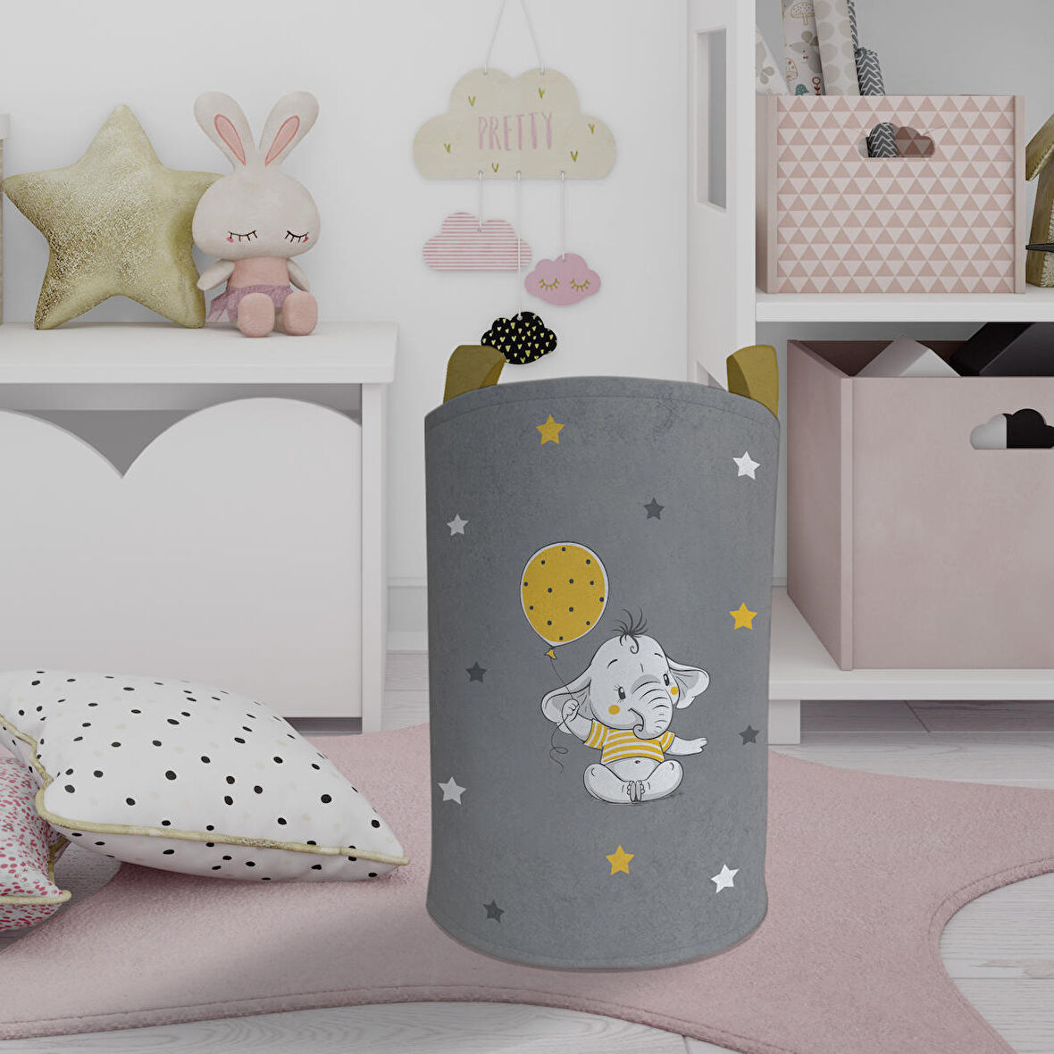 MEKTA HOME BEBEK VE ÇOCUK ODASI Sarı Filli Balon Desenli Oyuncak Sepeti