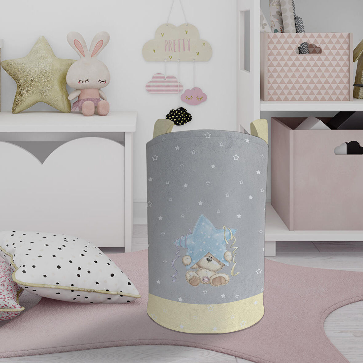 MEKTA HOME BEBEK VE ÇOCUK ODASI Yıldız ve Ayıcık Desenli Sarı Çizgili Oyuncak Sepeti
