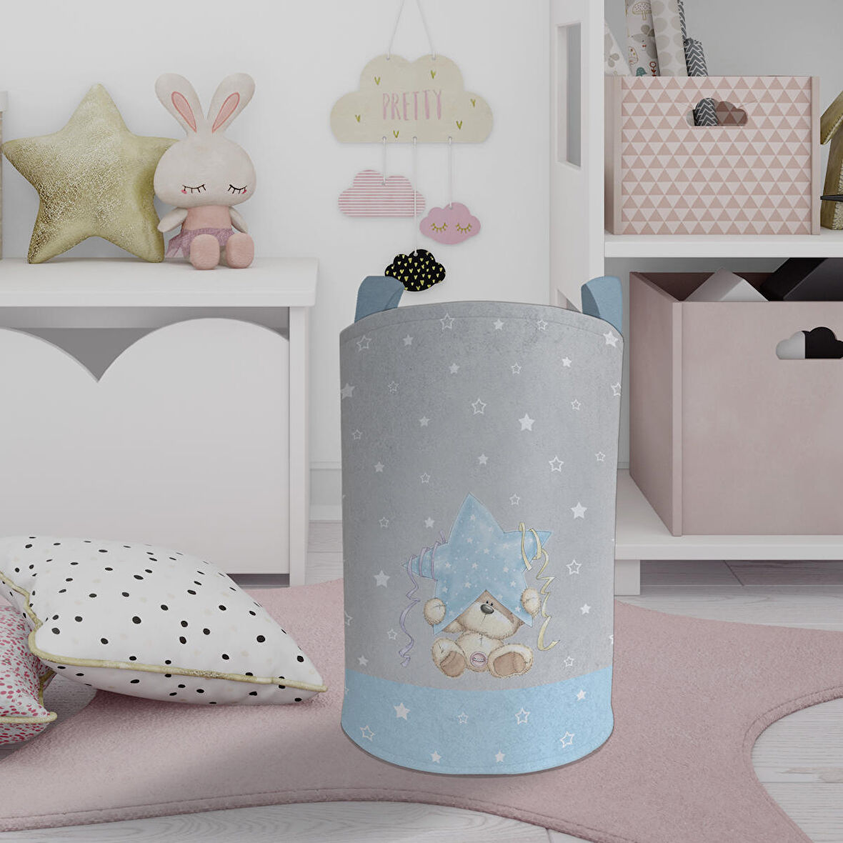 MEKTA HOME BEBEK VE ÇOCUK ODASI Yıldız ve Ayıcık Desenli Mavi Çizgili Oyuncak Sepeti