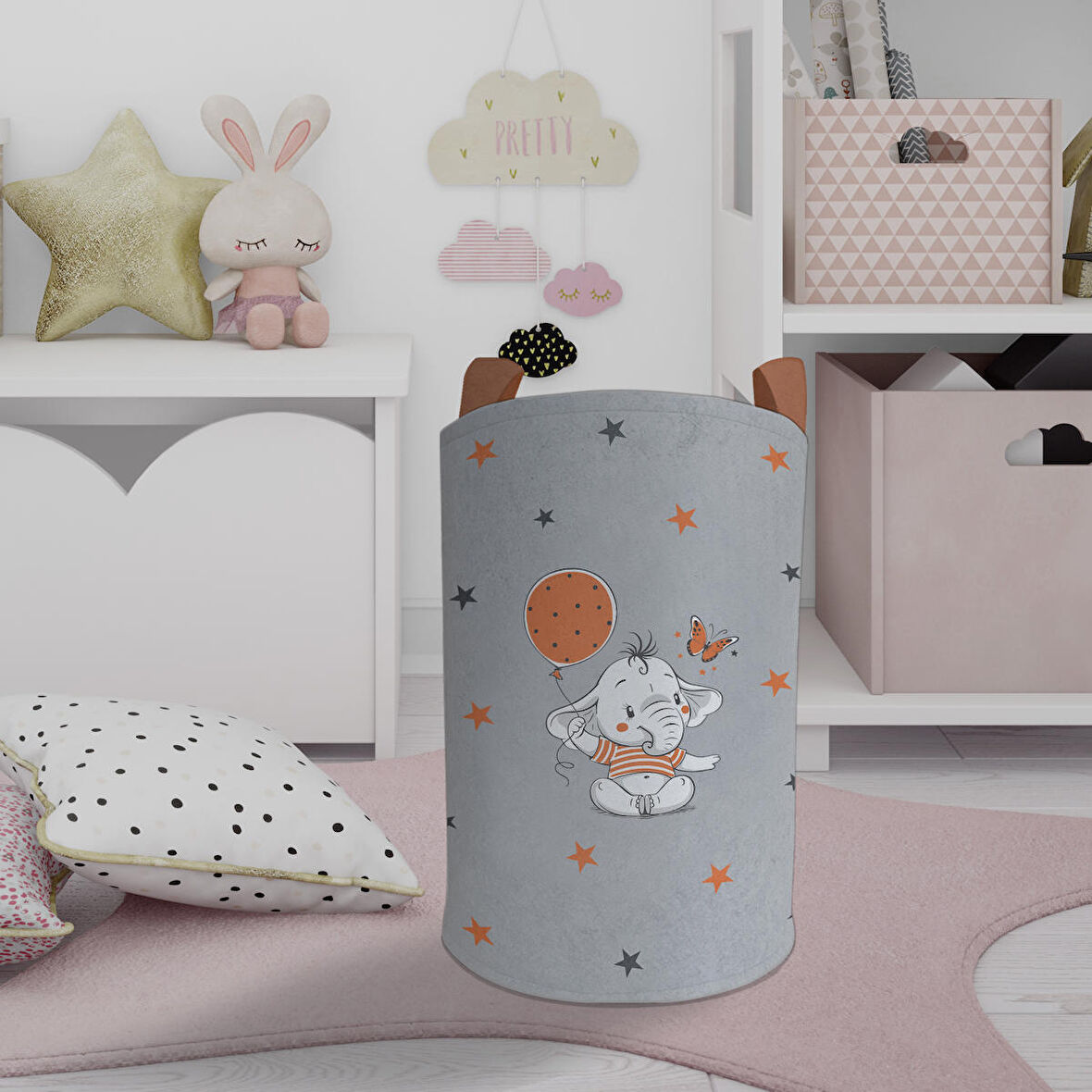 MEKTA HOME BEBEK VE ÇOCUK ODASI Turncu Filli Balon Desenli Oyuncak Sepeti