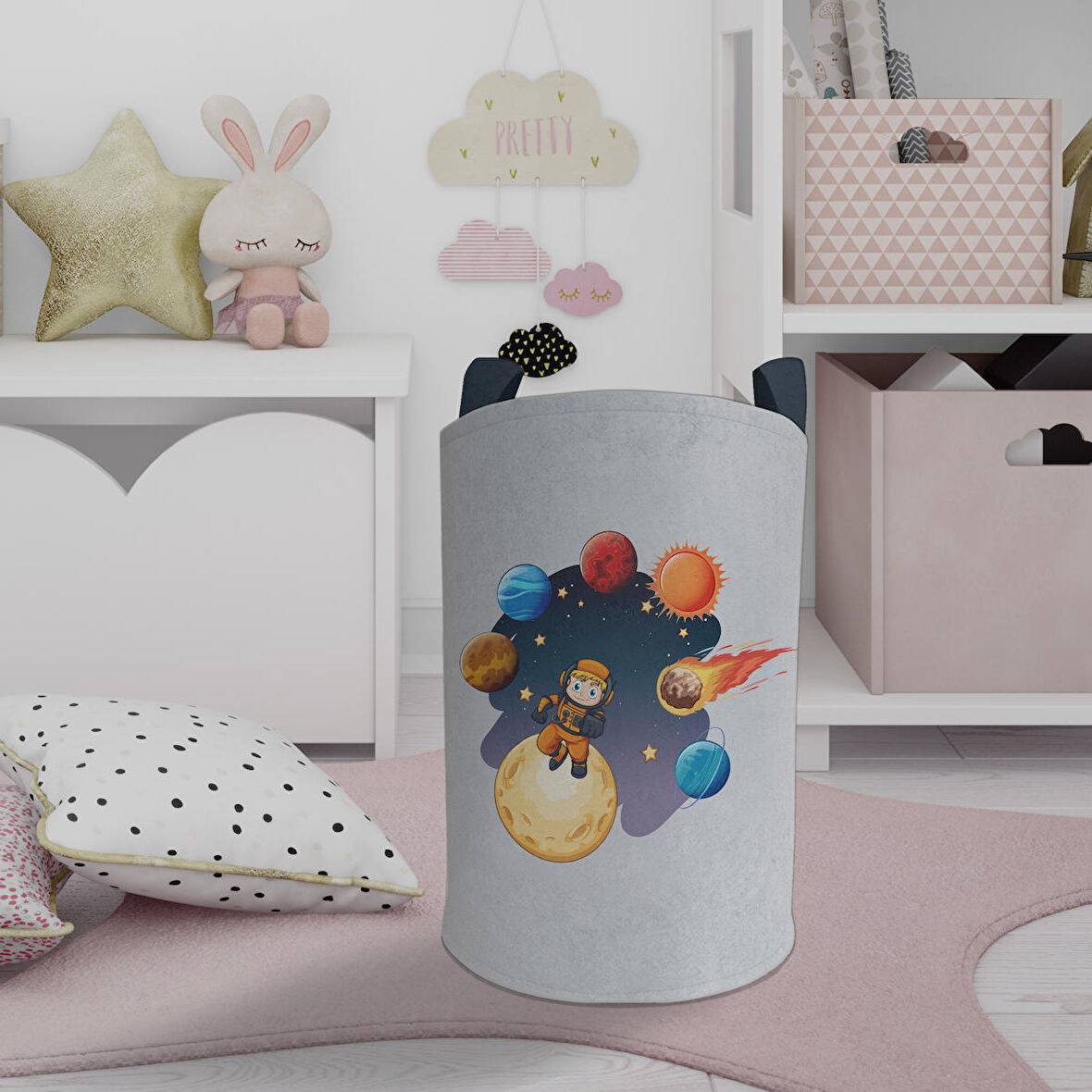 MEKTA HOME BEBEK VE ÇOCUK ODASI Astronot Çocuk ve Gezegen Desenli Oyuncak Sepeti