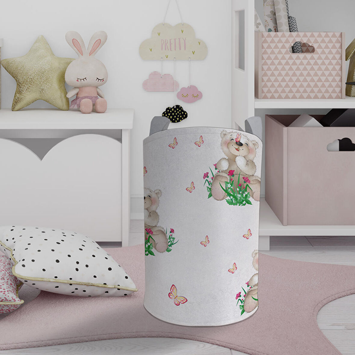 MEKTA HOME BEBEK VE ÇOCUK ODASI Ayıcık ve Çiçek Desenli Oyuncak Sepeti
