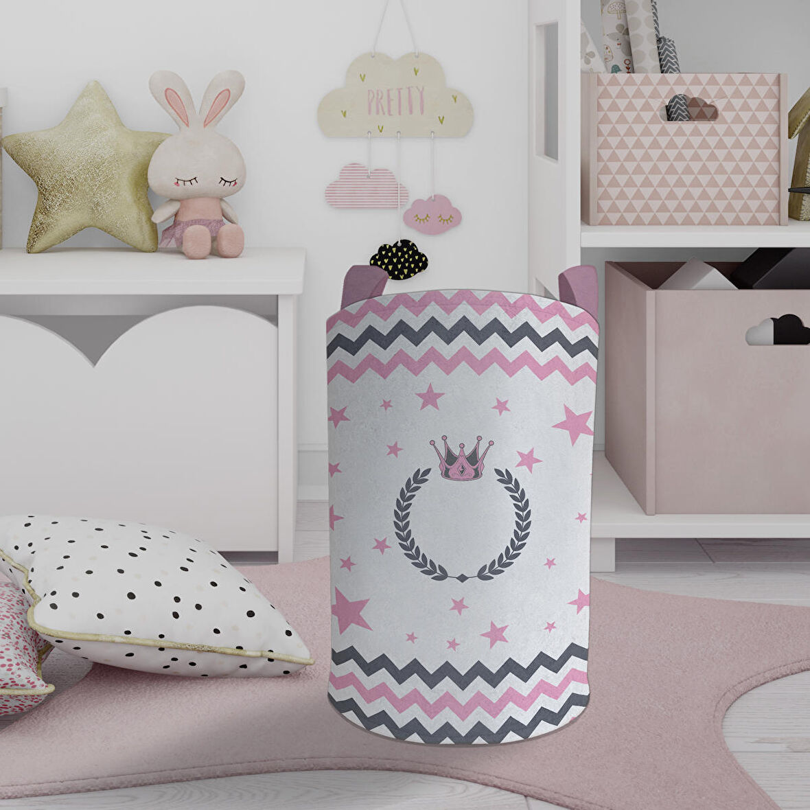 MEKTA HOME BEBEK VE ÇOCUK ODASI Taç ve Çelenk Desenli Zikzaklı Oyuncak Sepeti