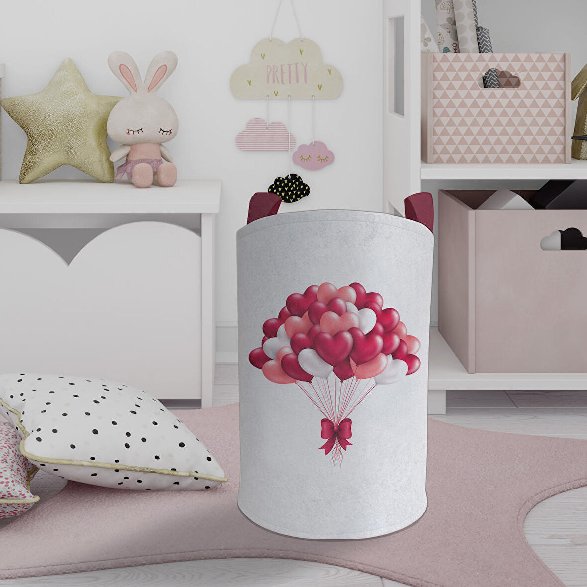 MEKTA HOME BEBEK VE ÇOCUK ODASI Fiyonklu Kalpli Balon Desenli Oyuncak Sepeti