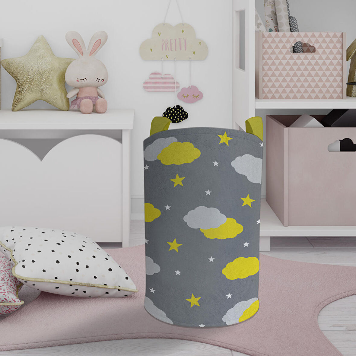 MEKTA HOME BEBEK VE ÇOCUK ODASI Gri Sarı Bulutlu Yıldız Desenli Oyuncak Sepeti