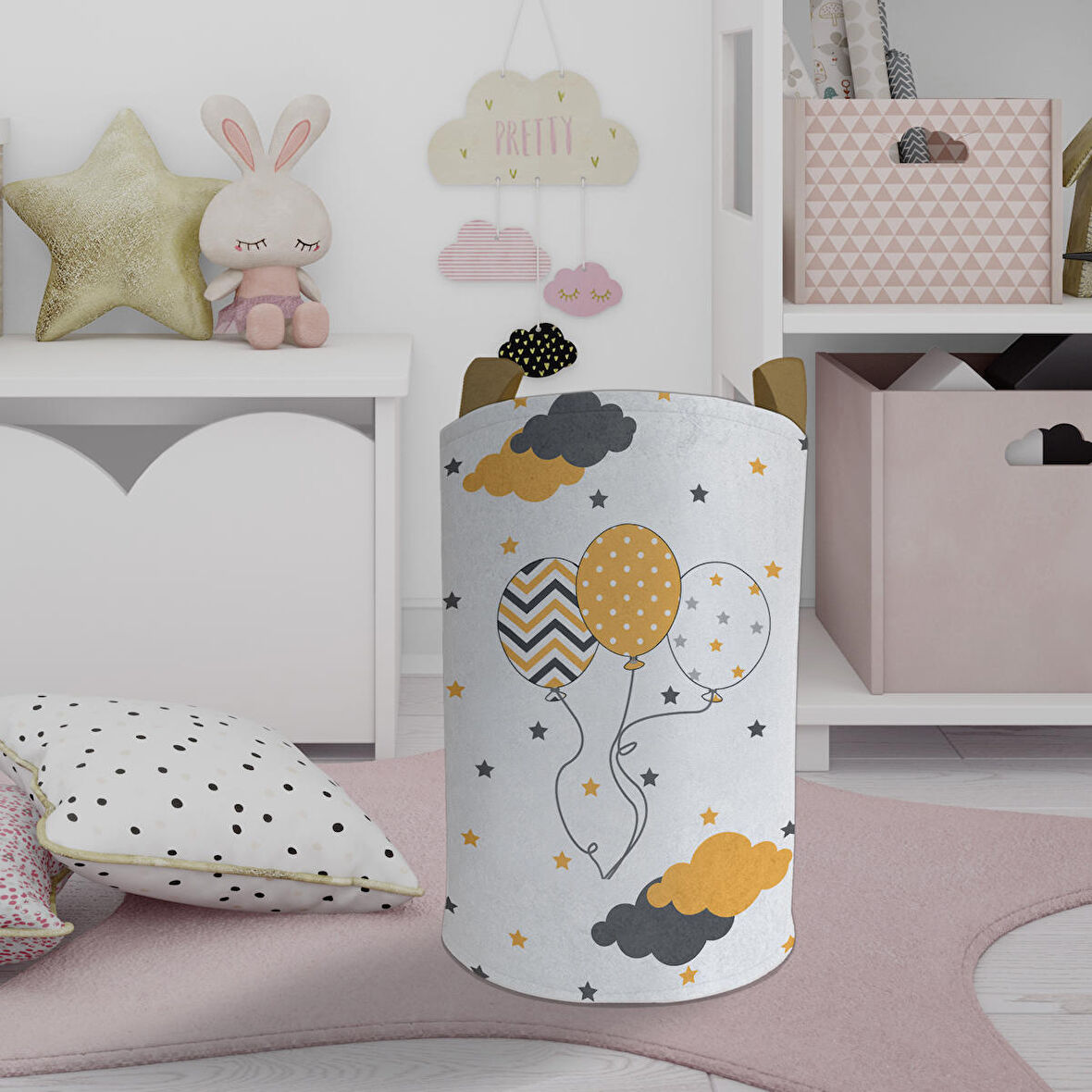 MEKTA HOME BEBEK VE ÇOCUK ODASI Üç Balonlu Yıldız Desenli Oyuncak Sepeti