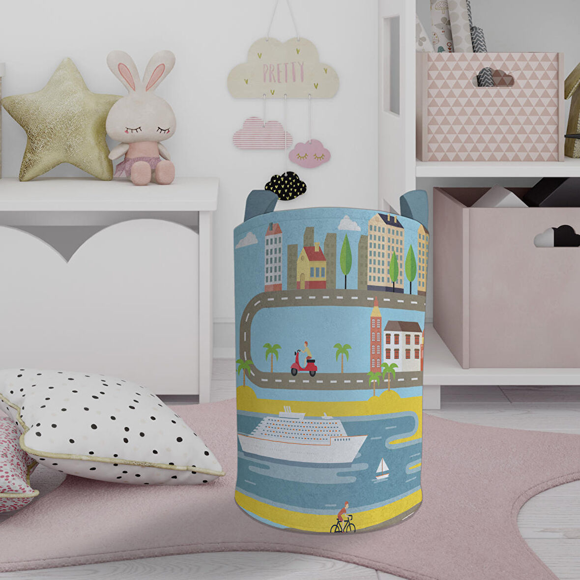 MEKTA HOME BEBEK VE ÇOCUK ODASI Şehir Desenli Oyuncak Sepeti