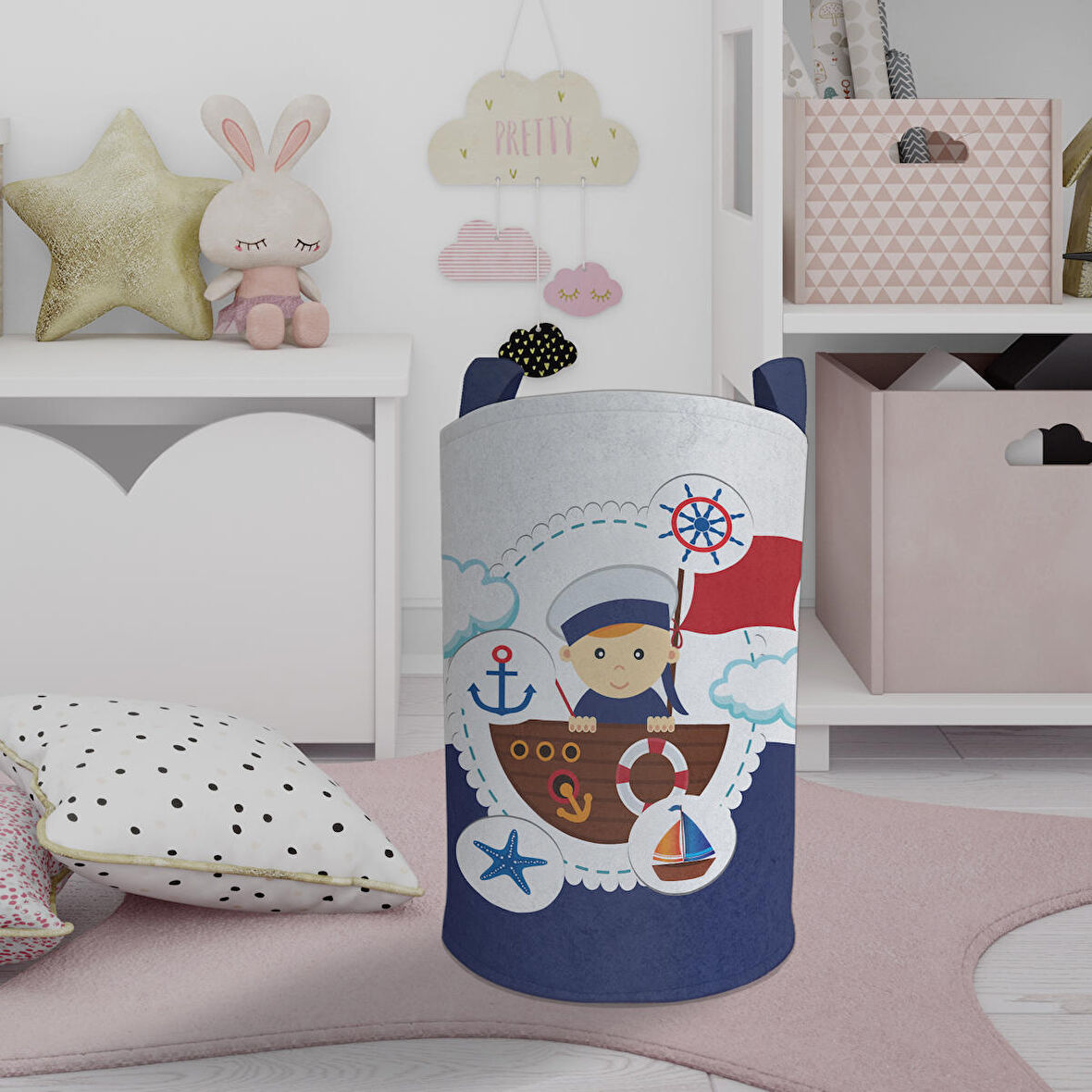 MEKTA HOME BEBEK VE ÇOCUK ODASI Küçük Denizci Kaptan Desenli Oyuncak Sepeti
