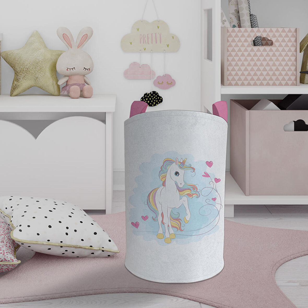 MEKTA HOME BEBEK VE ÇOCUK ODASI Kalpli Unicorn Desenli Oyuncak Sepeti