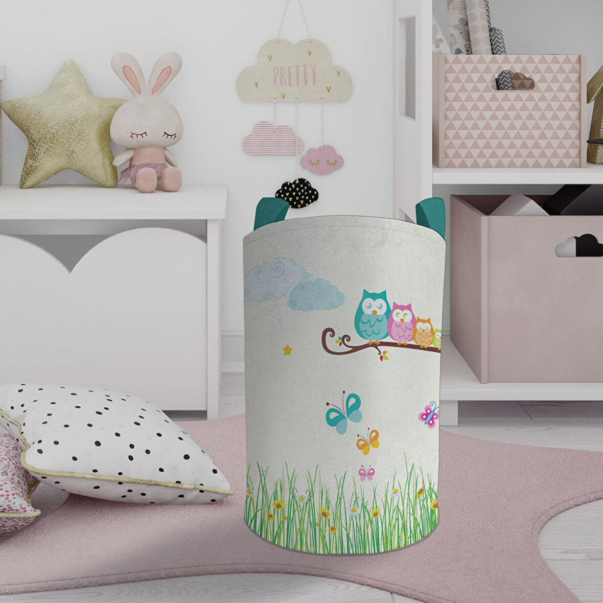 MEKTA HOME BEBEK VE ÇOCUK ODASI Küçük Baykuşlar ve Çimen Desenli Oyuncak Sepeti 
