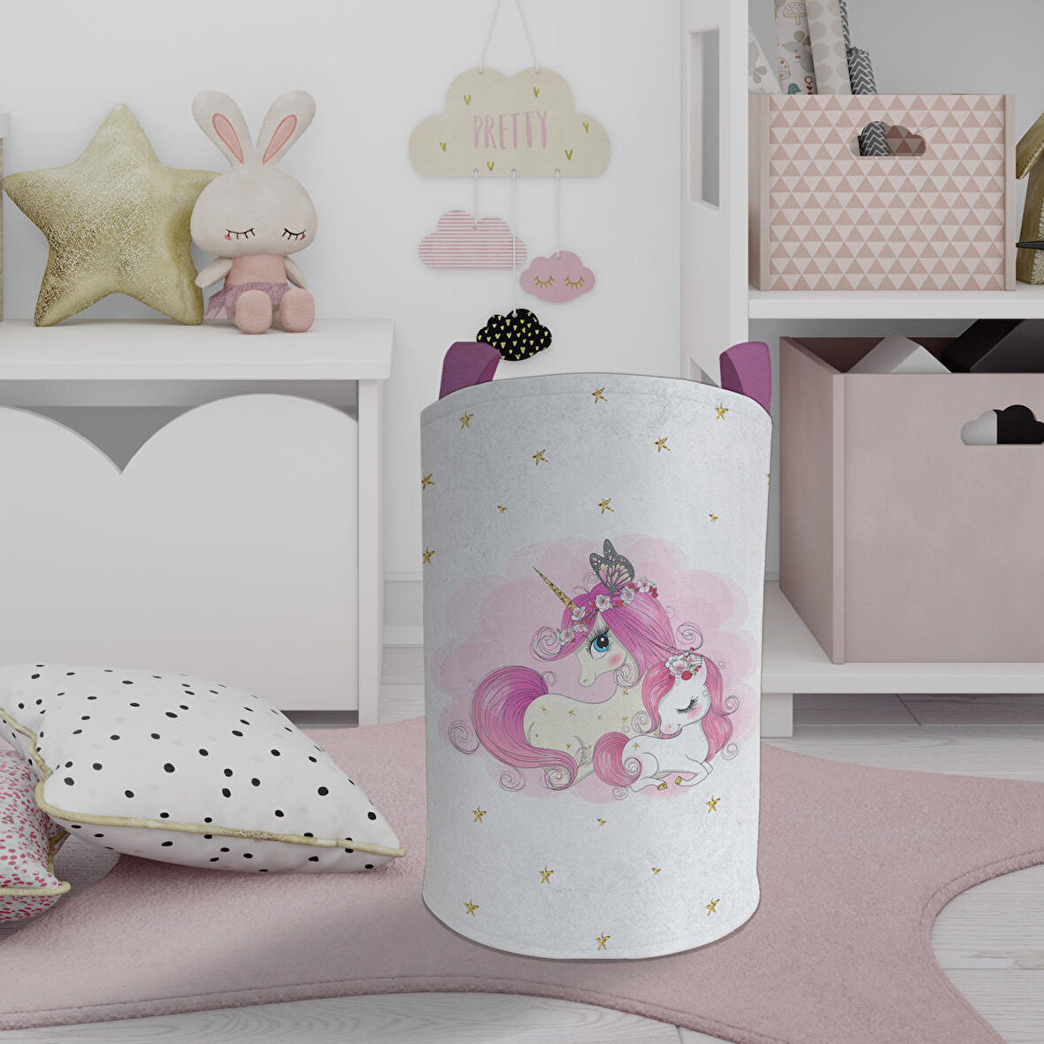 MEKTA HOME BEBEK VE ÇOCUK ODASI Yıldızlı Unicorn Desenli Oyuncak Sepeti 
