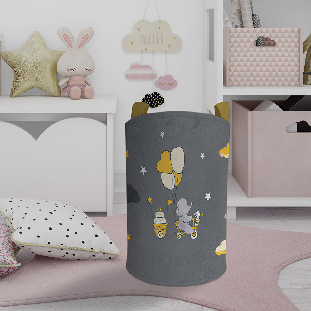 MEKTA HOME BEBEK VE ÇOCUK ODASI Sarı Bulutlu ve Bisikletli Fil Desenli Oyuncak Sepeti