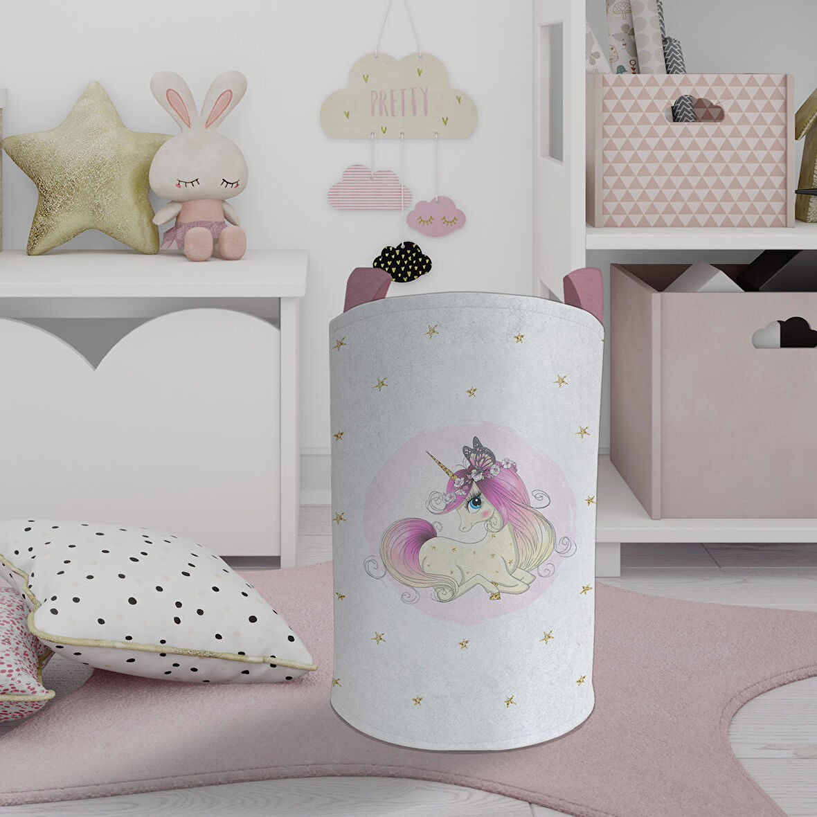 MEKTA HOME BEBEK VE ÇOCUK ODASI Yıldızlı Unicorn Desenli Oyuncak Sepeti 