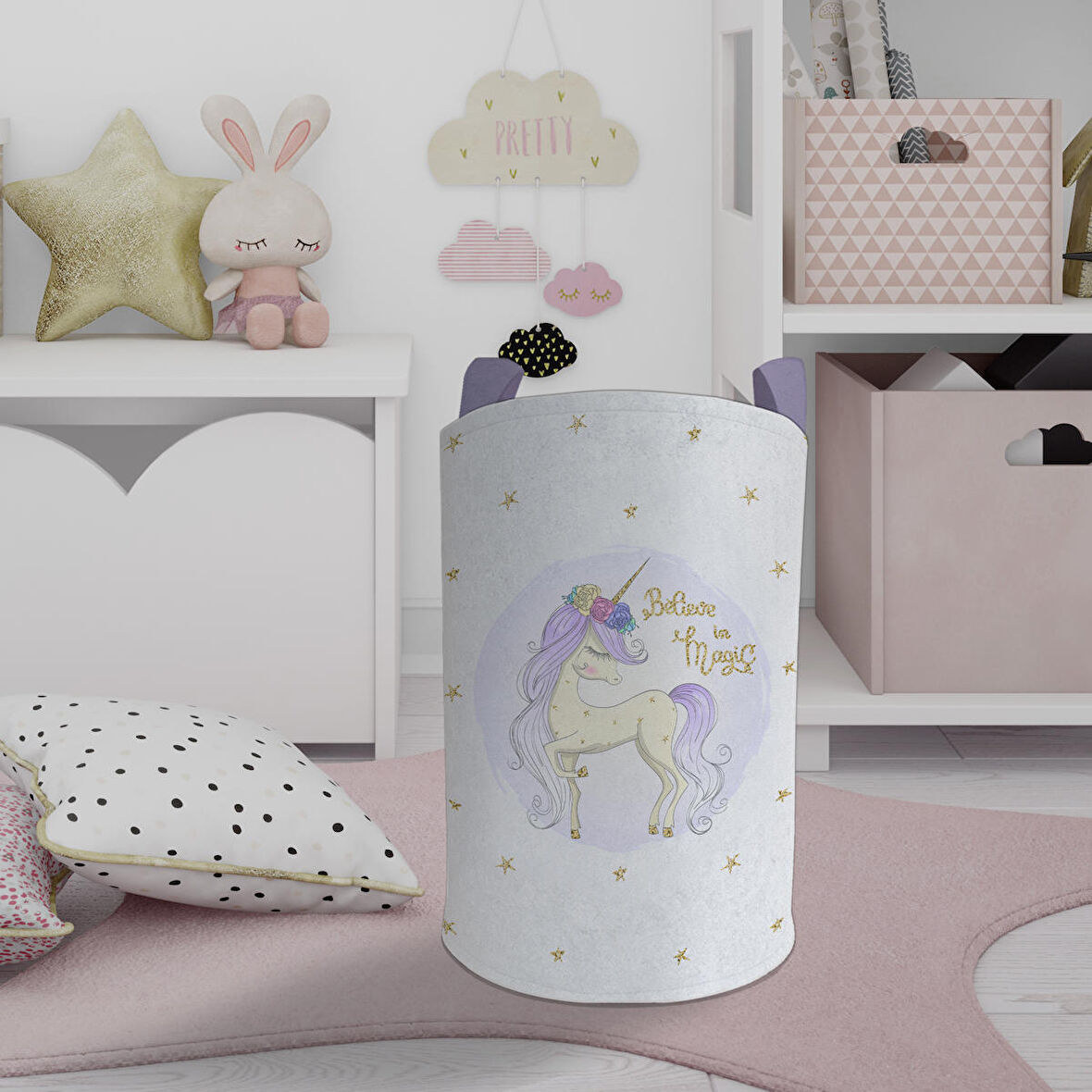 MEKTA HOME BEBEK VE ÇOCUK ODASI Yıldızlı Mavi Unicorn Desenli Oyuncak Sepeti