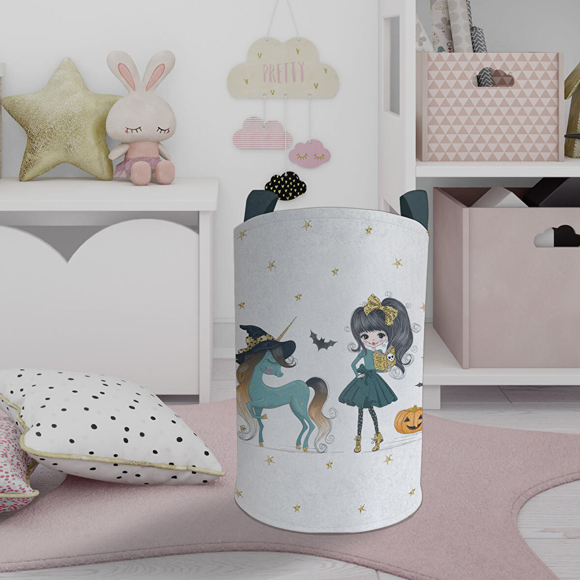 MEKTA HOME BEBEK VE ÇOCUK ODASI Bal Kabaklı Unicorn Desenli Oyuncak Sepeti