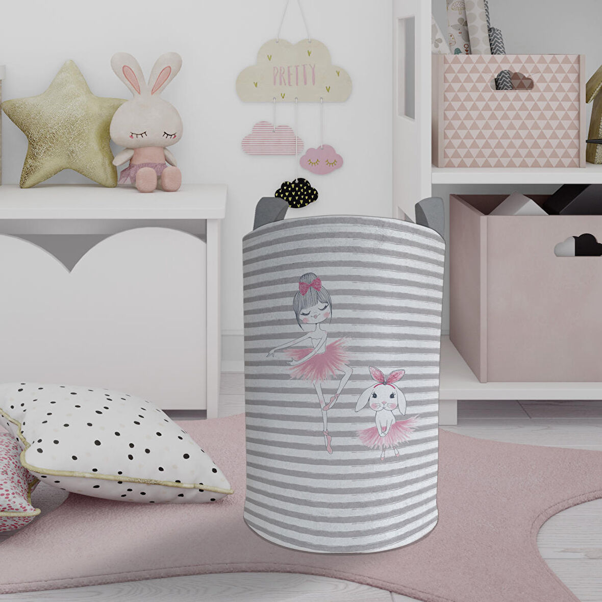 MEKTA HOME BEBEK VE ÇOCUK ODASI Tavşanlı Balerin Kız Desenli Oyuncak Sepeti