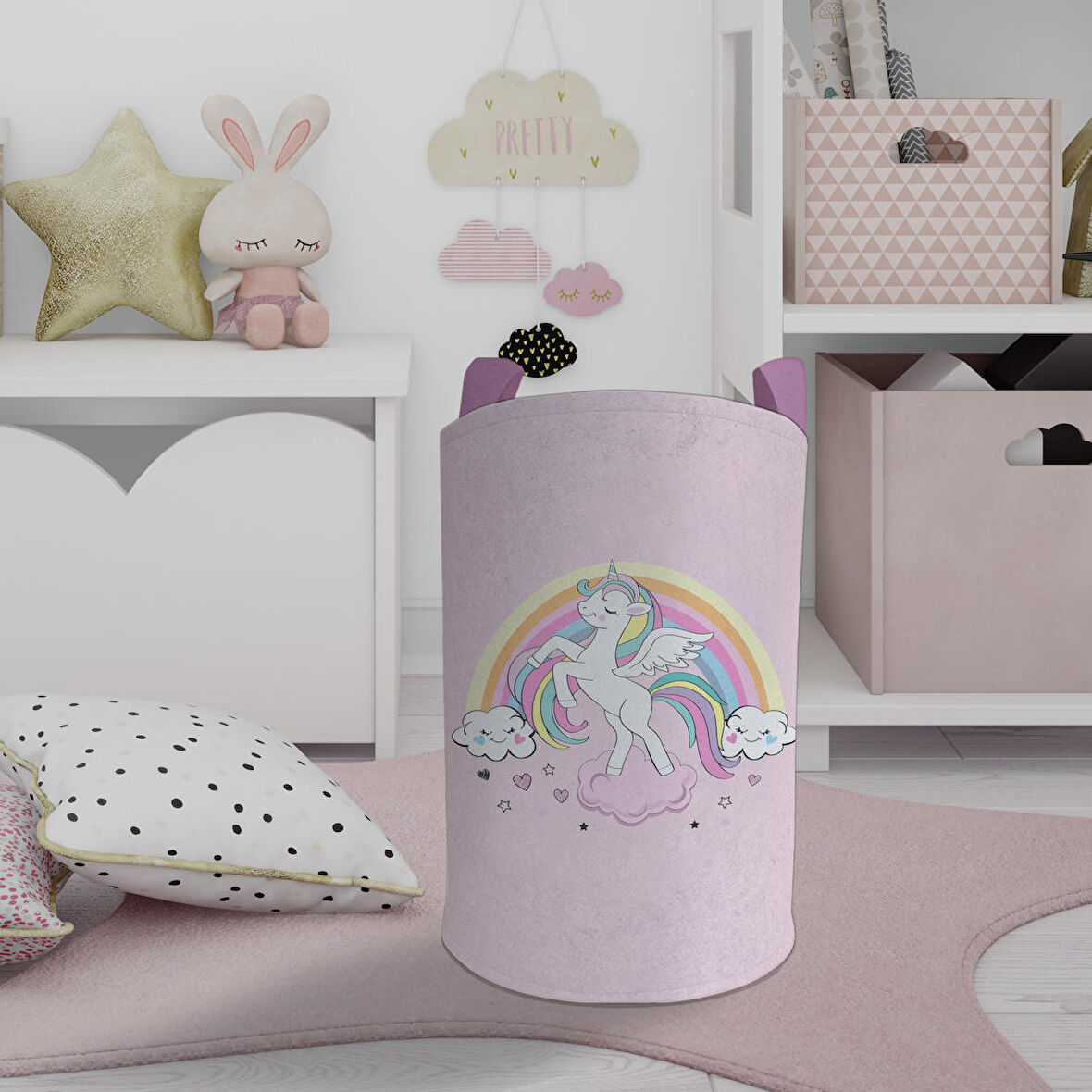 MEKTA HOME BEBEK VE ÇOCUK ODASI Gökuşağı ve Unicorn Desenli Pembe Oyuncak Sepeti