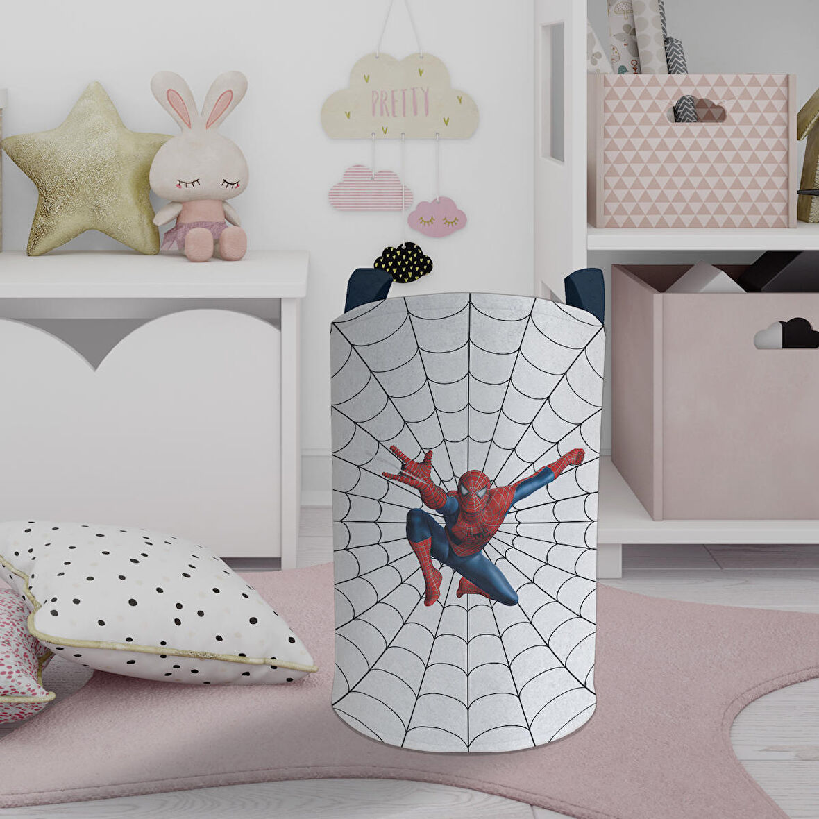 MEKTA HOME BEBEK VE ÇOCUK ODASI Ağ ve Spiderman Desenli Oyuncak Sepeti