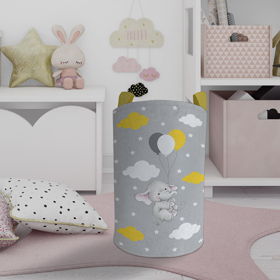 MEKTA HOME BEBEK VE ÇOCUK ODASI Tatlı Fil ve 3 Balon Desenli Oyuncak Sepeti