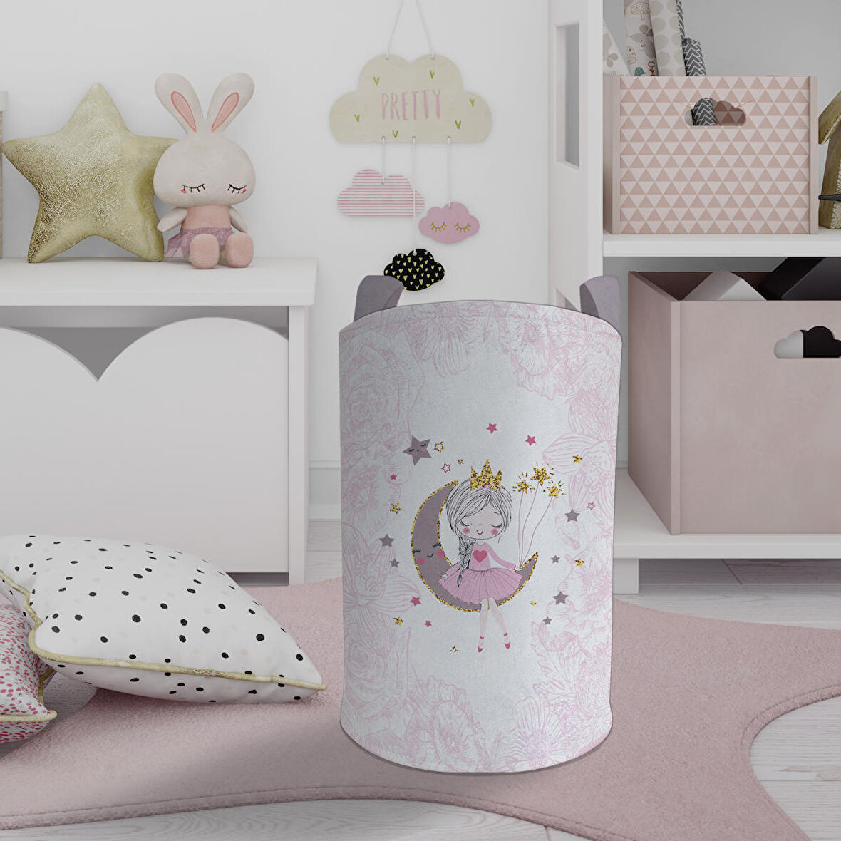 MEKTA HOME BEBEK VE ÇOCUK ODASI Ay Üzerinde Oturan Kız Desenli Motifli Oyuncak Sepeti