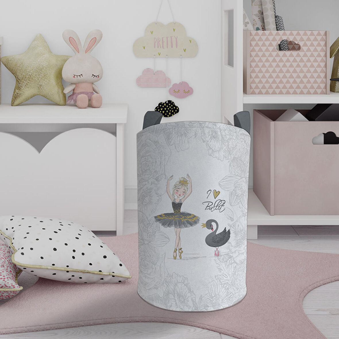 MEKTA HOME BEBEK VE ÇOCUK ODASI Baleri ve Kuğu Desenli Motifli Oyuncak Sepeti