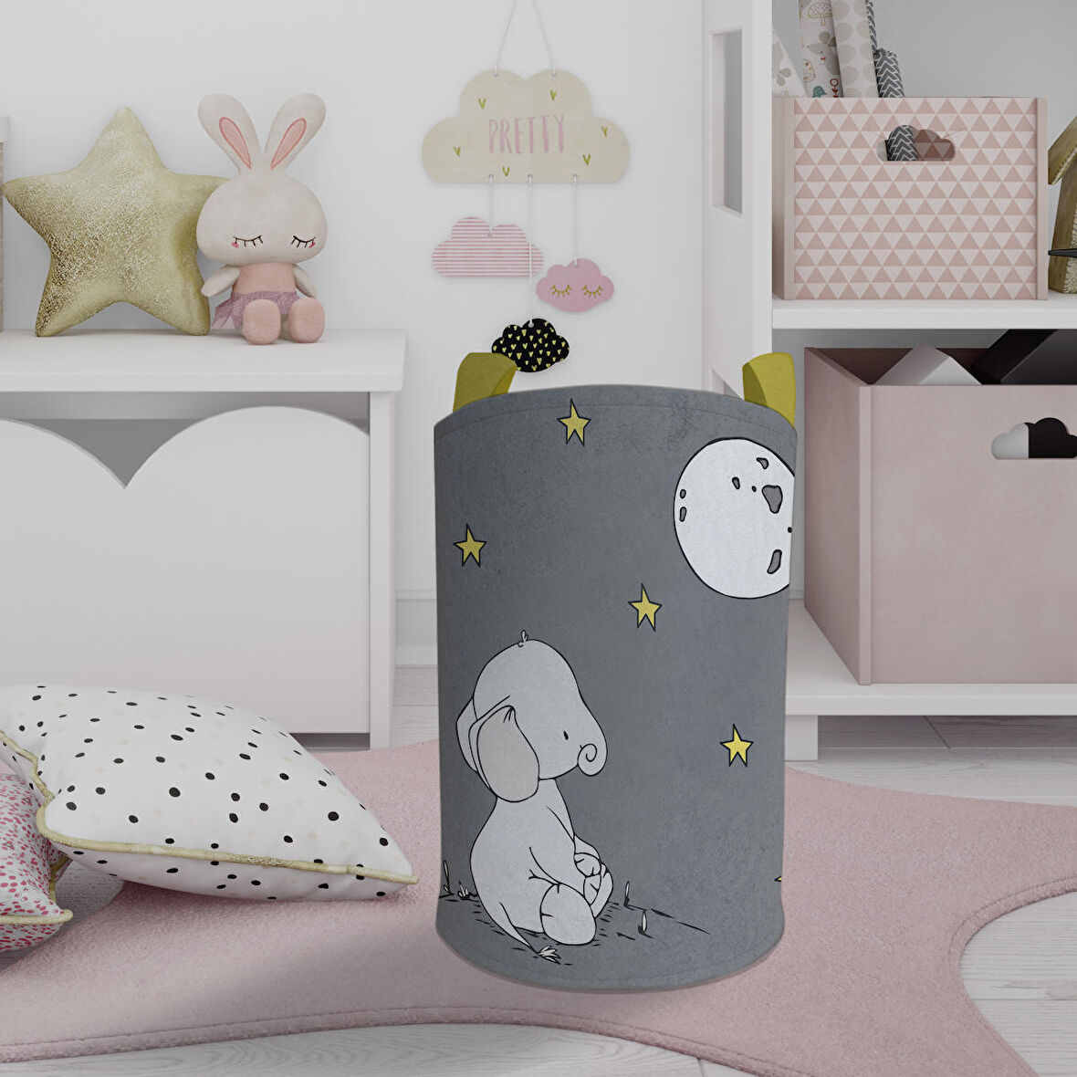 MEKTA HOME BEBEK VE ÇOCUK ODASI Ay ve Fil Desenli Oyuncak Sepeti