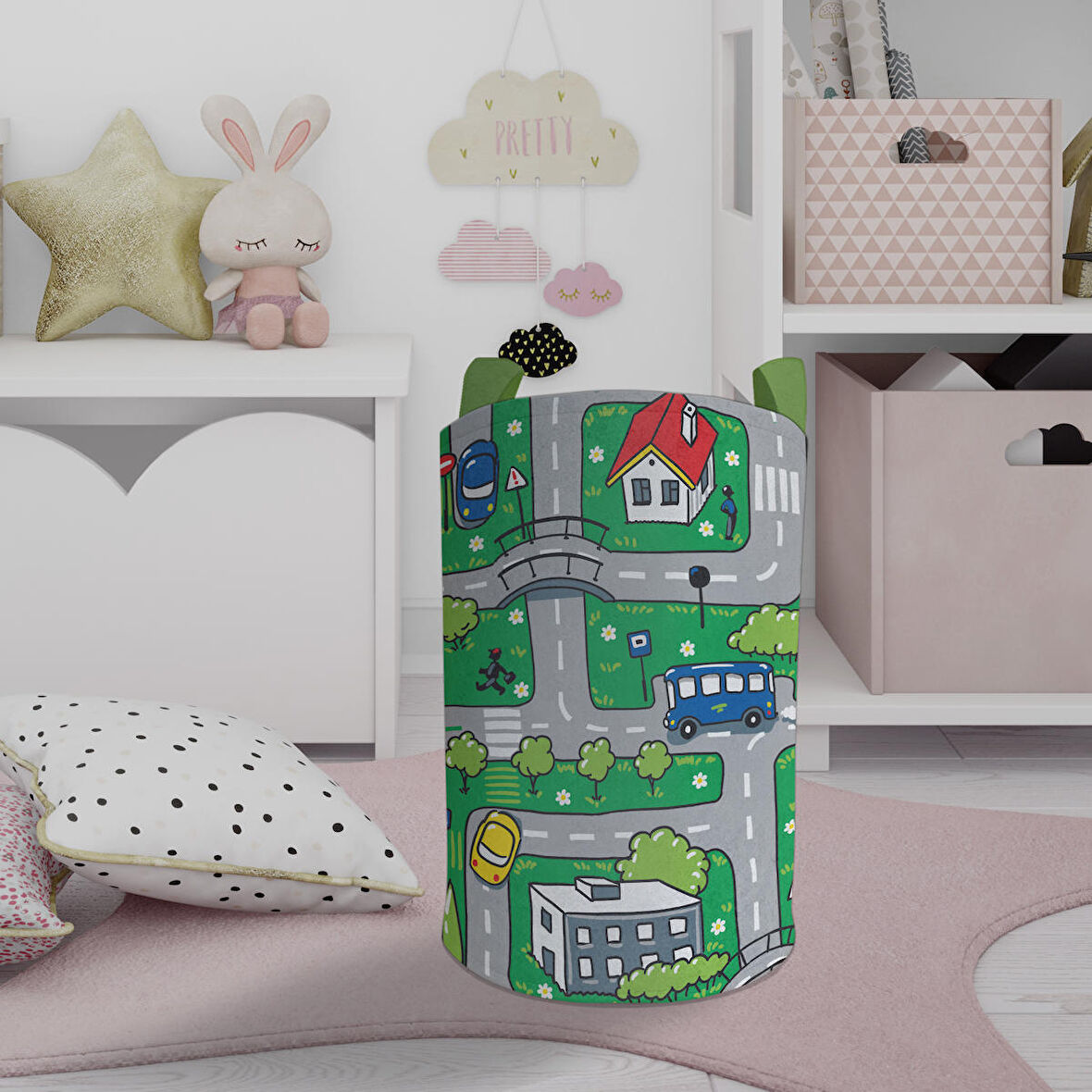 MEKTA HOME BEBEK VE ÇOCUK ODASI Şehir ve Yol Desenli Yeşil Oyuncak Sepeti