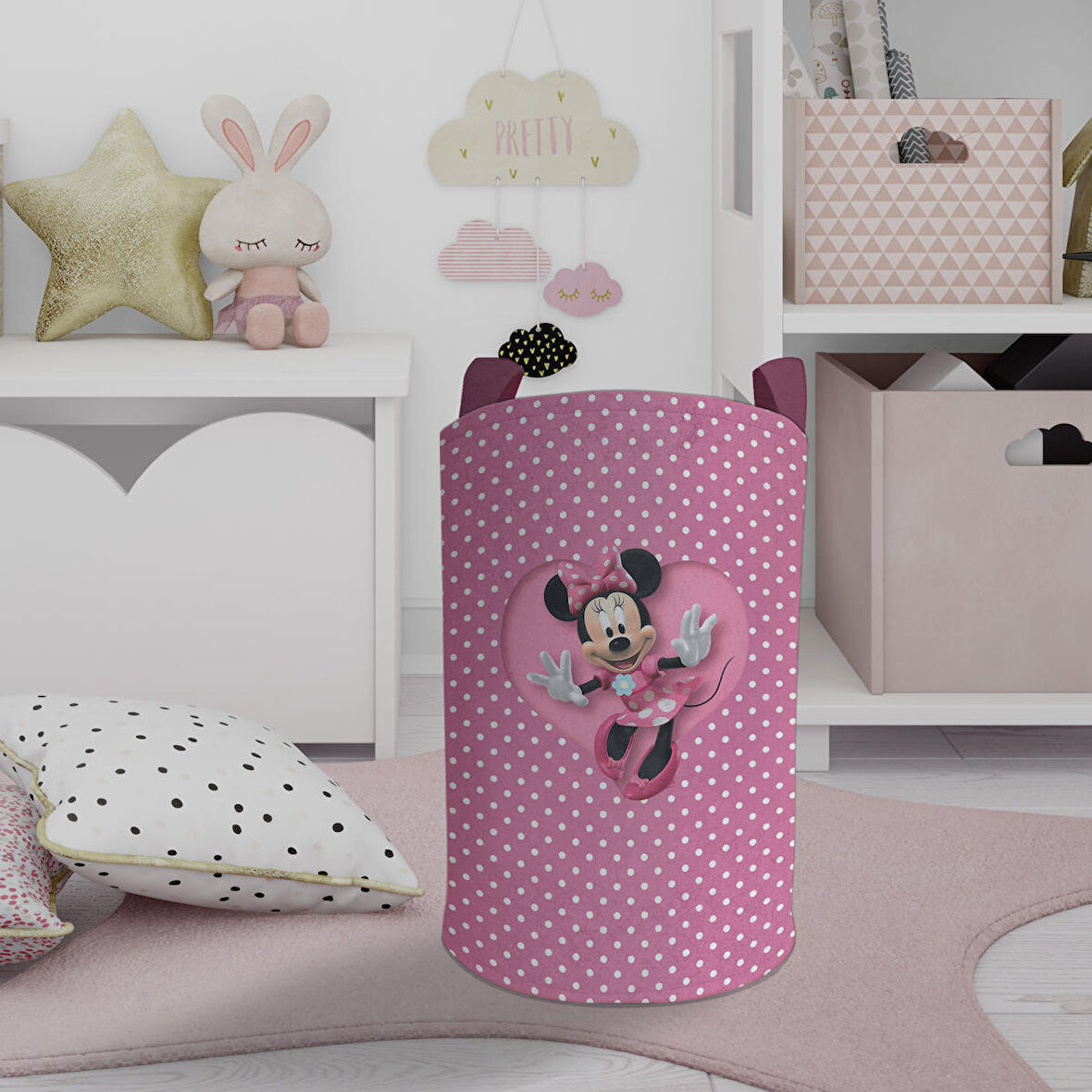 MEKTA HOME BEBEK VE ÇOCUK ODASI Büyük Kalpli Minnie Mause Desenli Oyuncak Sepeti