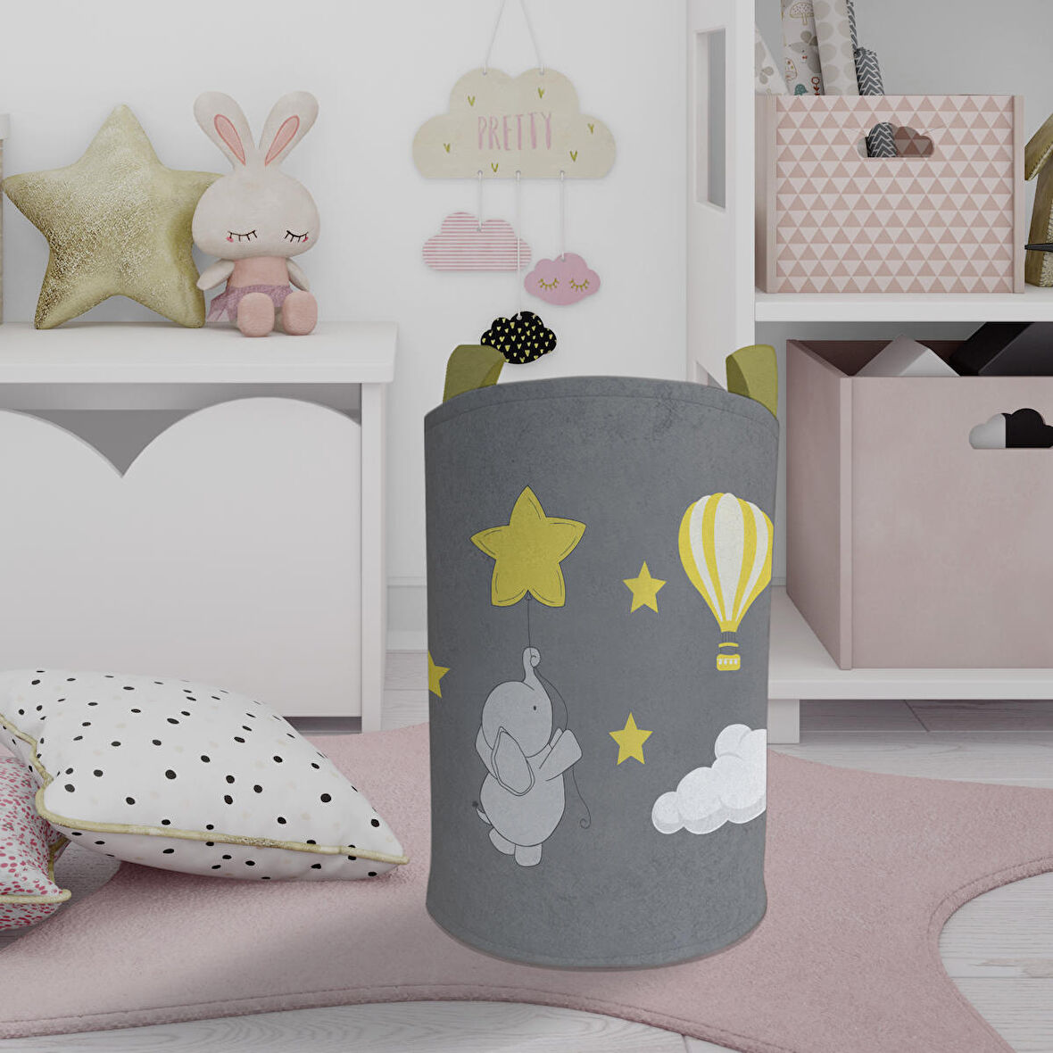 MEKTA HOME BEBEK VE ÇOCUK ODASI Fil Yıldız ve Uçan Balon Desenli Oyuncak Sepeti