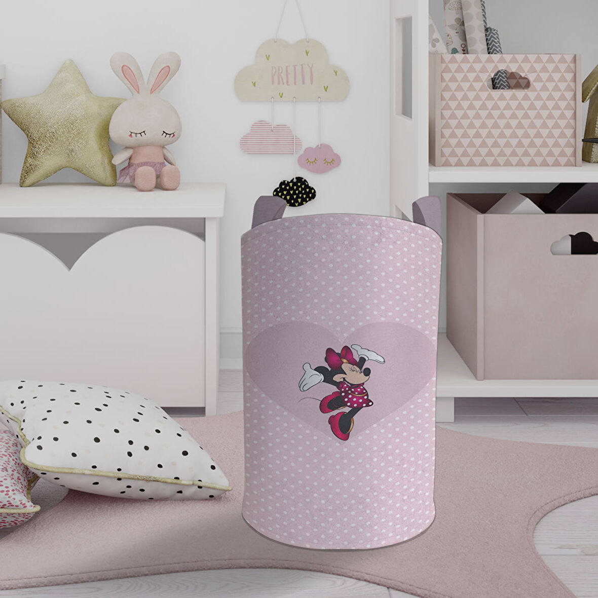 MEKTA HOME BEBEK VE ÇOCUK ODASI Büyük Kalpli Minnie Mause ve Puantiyeli Oyuncak Sepeti