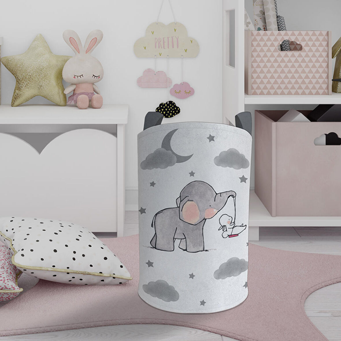MEKTA HOME BEBEK VE ÇOCUK ODASI Tavşan Taşıyan Fil Desenli Oyuncak Sepeti 