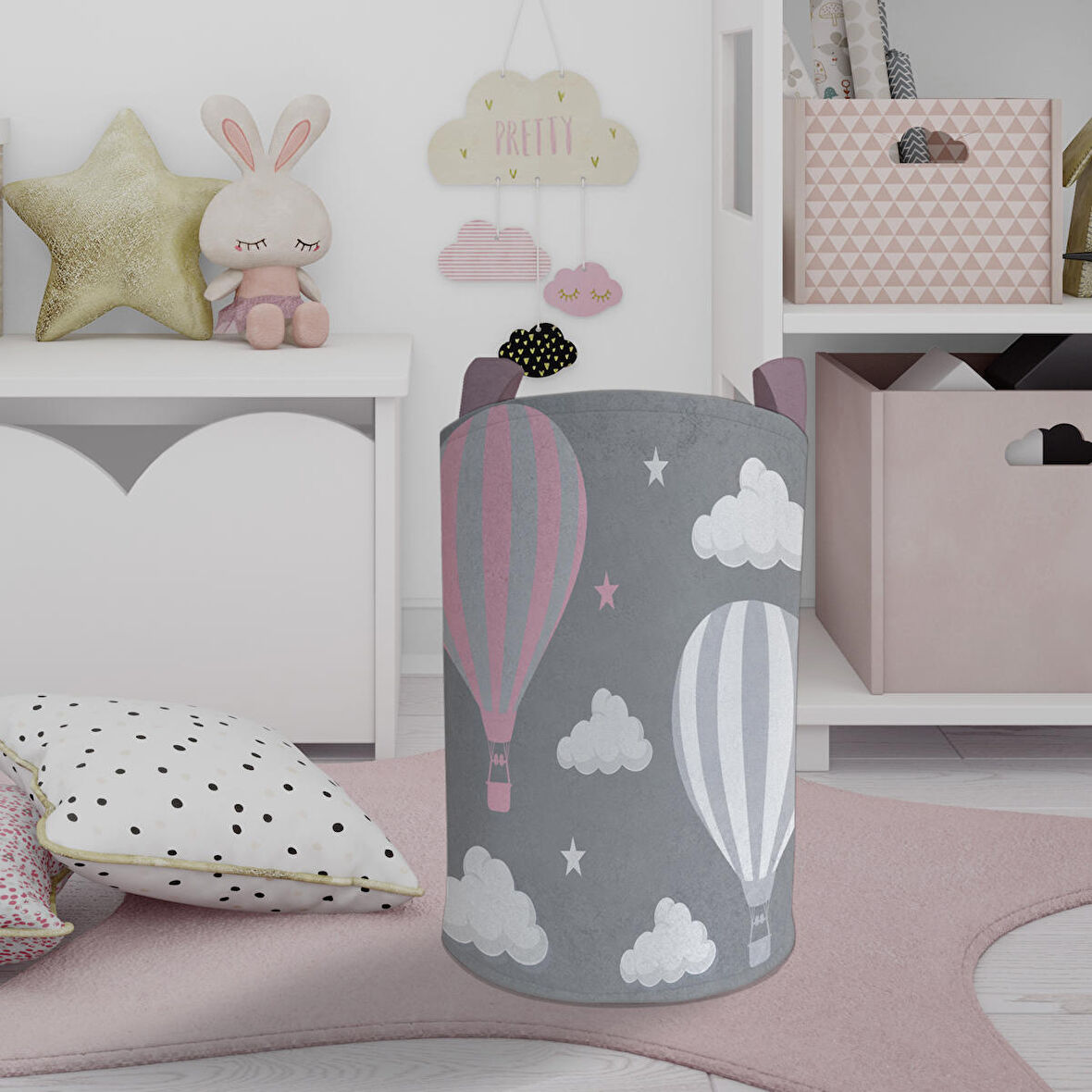 MEKTA HOME BEBEK VE ÇOCUK ODASI Büyük Bulut ve Uçan Balon Desenli Oyuncak Sepeti