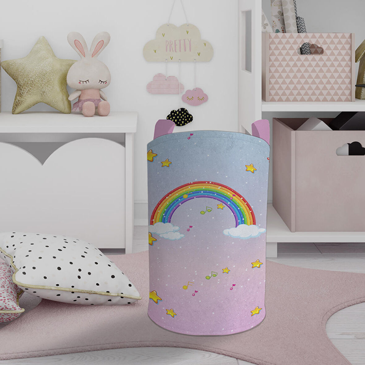MEKTA HOME BEBEK VE ÇOCUK ODASI Seksek ve Gökkuşağı Desenli Oyuncak Sepeti
