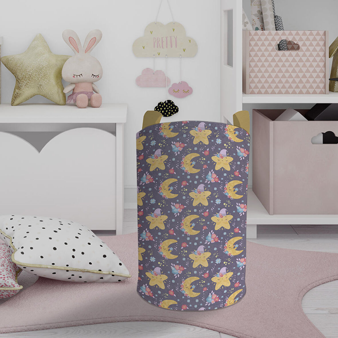MEKTA HOME BEBEK VE ÇOCUK ODASI Şapkalı Yıldız ve Ay Desenli Oyuncak Sepeti