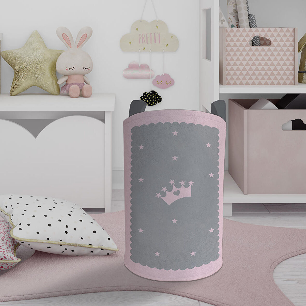 MEKTA HOME BEBEK VE ÇOCUK ODASI Taç Yıldız Desenli Çerçeveli Oyuncak Sepeti