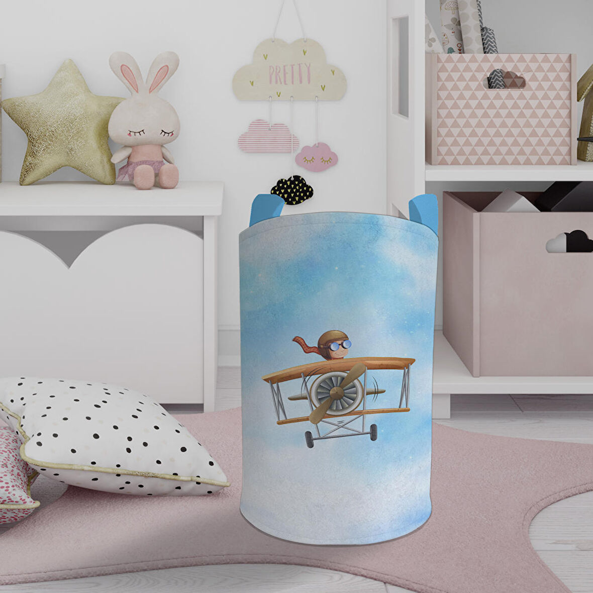 MEKTA HOME BEBEK VE ÇOCUK ODASI Uçak ve Küçük Pilot Desenli Oyuncak Sepeti