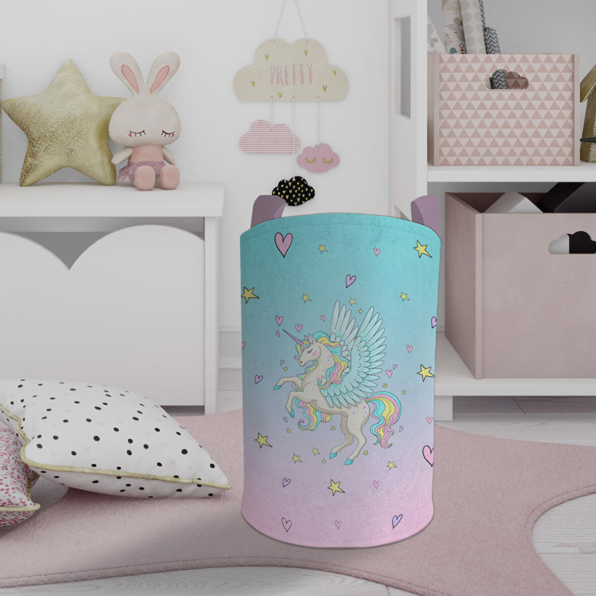 MEKTA HOME BEBEK VE ÇOCUK ODASI Uçan Unicorn Desenli Oyuncak Sepeti