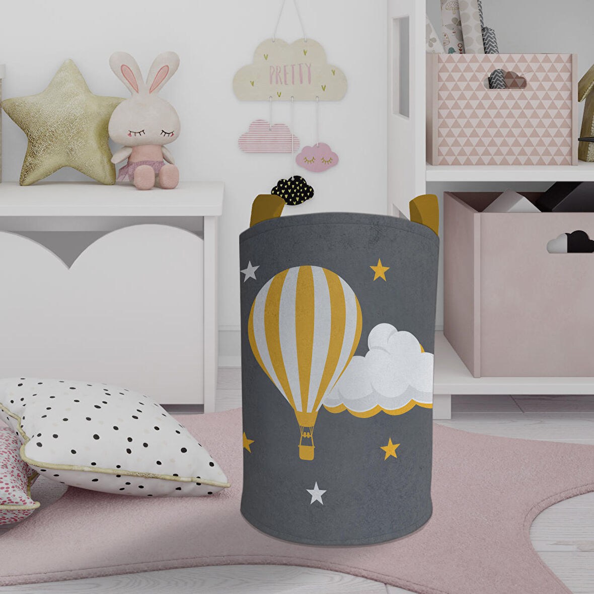 MEKTA HOME BEBEK VE ÇOCUK ODASI Uçan Balon ve Bulut Desenli Gri Oyuncak Sepeti