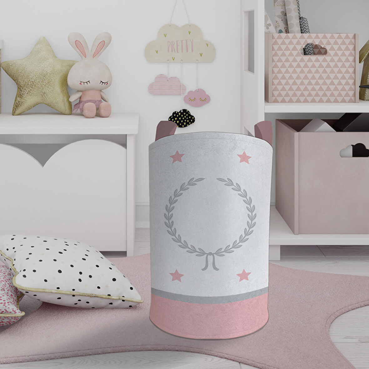 MEKTA HOME BEBEK VE ÇOCUK ODASI Çelenk ve Yıldız Desenli Pembe Gri Çerçeveli Oyuncak Sepeti