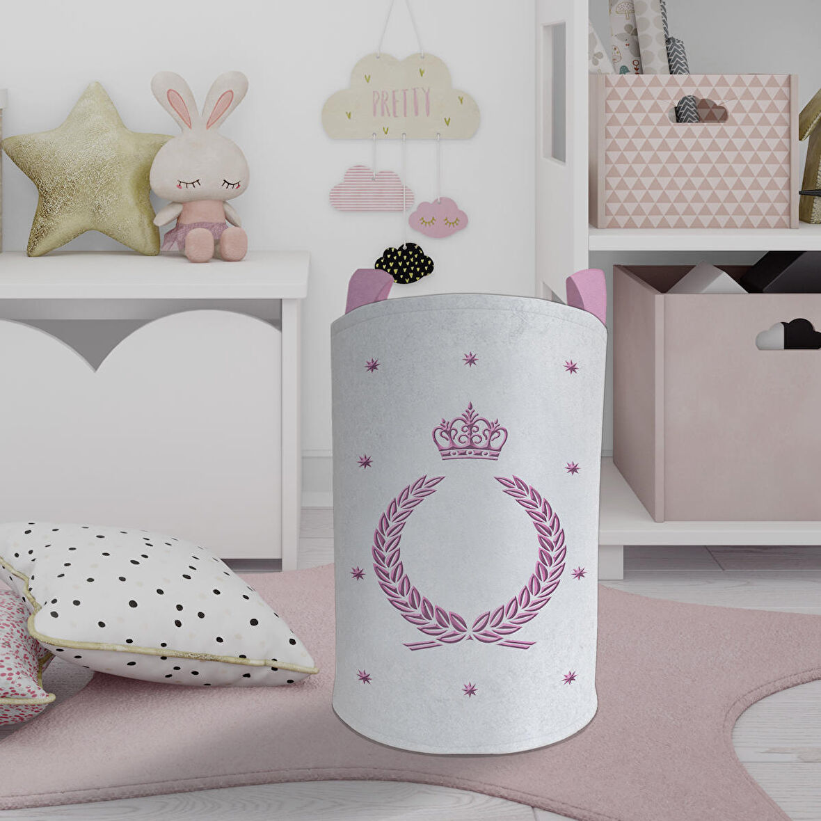 MEKTA HOME BEBEK VE ÇOCUK ODASI Taç Çelenk ve Yıldız Desenli Oyuncak Sepeti