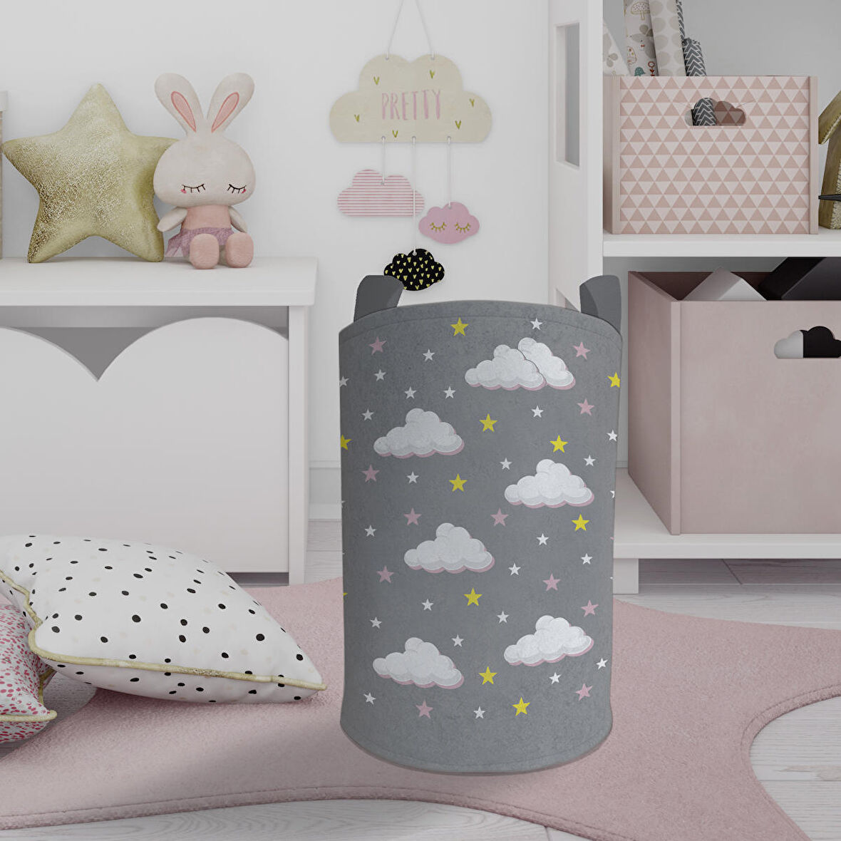 MEKTA HOME BEBEK VE ÇOCUK ODASI Bulut ve Yıldız Desenli Çerçeveli Oyuncak Sepeti