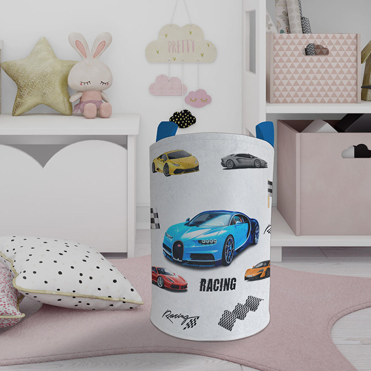 MEKTA HOME BEBEK VE ÇOCUK ODASI Yarış Arabalaları Desenli Oyuncak Sepeti