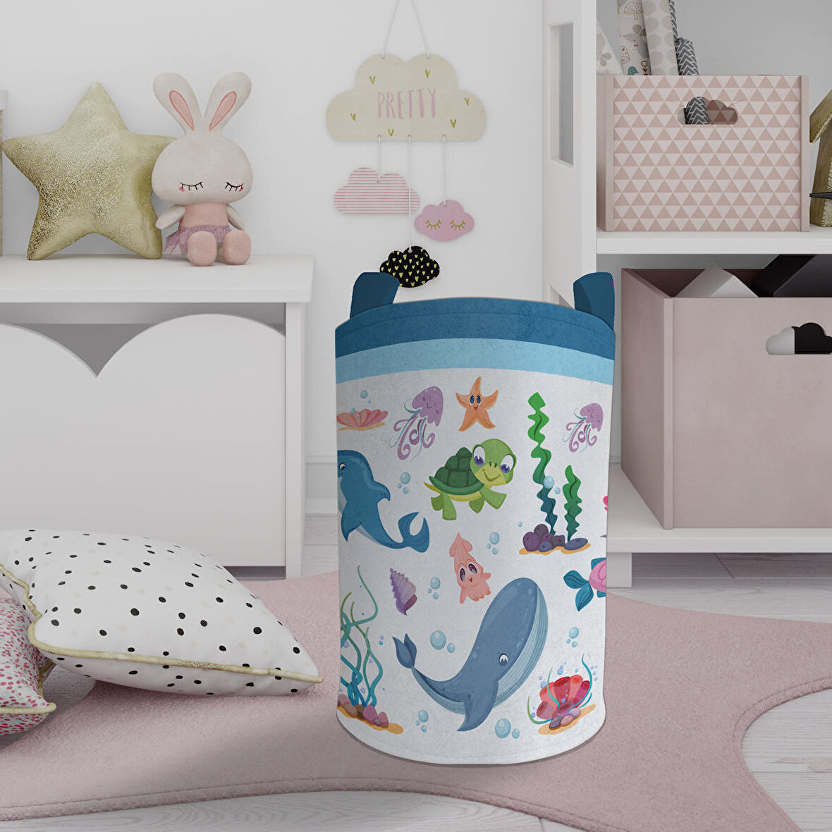 MEKTA HOME BEBEK VE ÇOCUK ODASI Sevimli Deniz Hayvanları Desenli Oyuncak Sepeti 