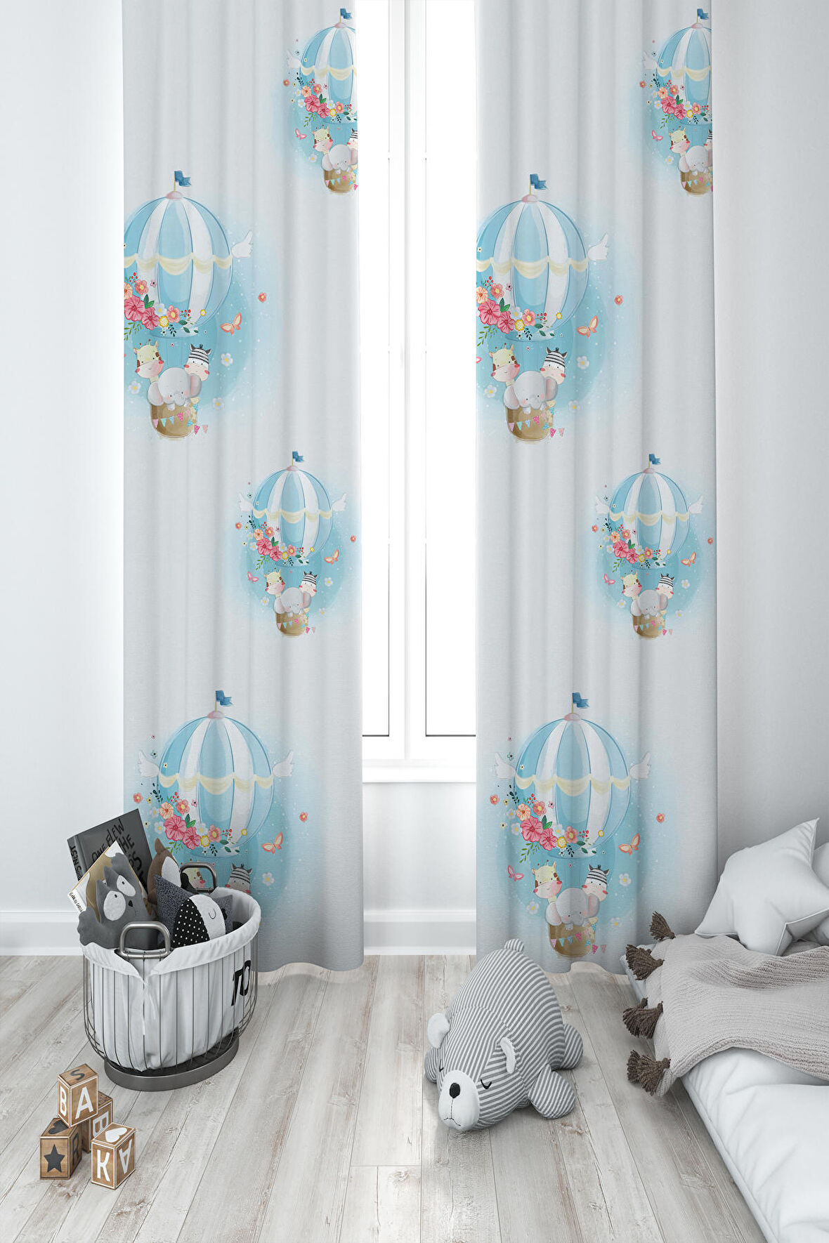 MEKTA HOME BEBEK VE ÇOCUK ODASI Fil ve Çiçekli Uçan Balon Desenli 2 Kanat Fon Perde
