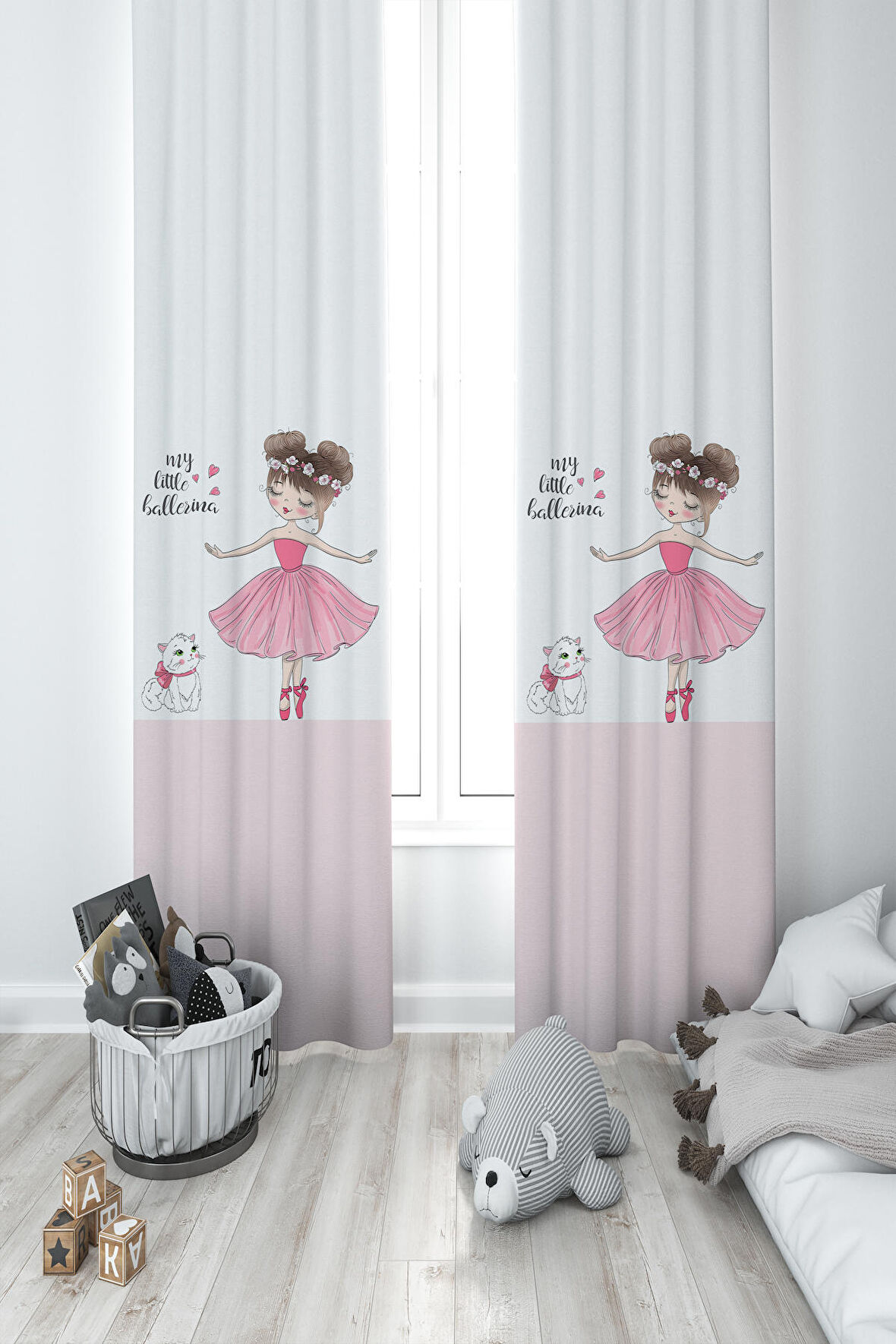 MEKTA HOME BEBEK VE ÇOCUK ODASI Prenses Kız ve Kedi Desenli 2 Kanat Fon Perde